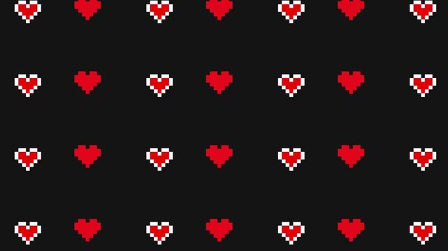 Retro pixel hearts pattern with red and white 8-bit symbols on black background. Animated digital design evoking classic video game aesthetics and nostalgic love theme for modern pixel art projects