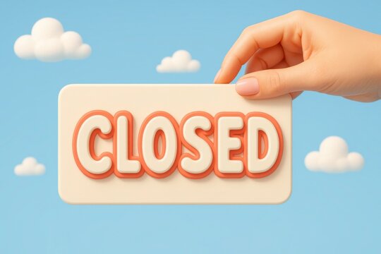 Closed Sign Hand: A hand presenting a closed sign amidst a whimsical scene of puffy clouds, conveying the message of unavailable or not open for business