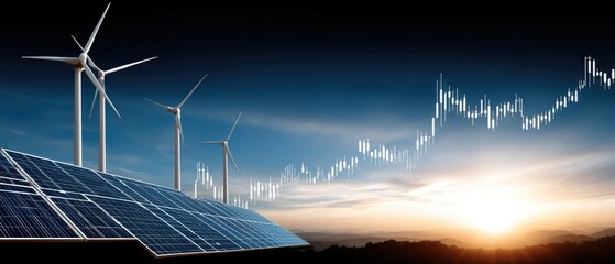 Solar panels and wind turbines against a financial chart backdrop represent the rise of renewable energy investments during a beautiful sunset