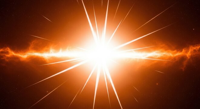 Bright white starburst explosion with orange energy beams radiating outwards in deep space
