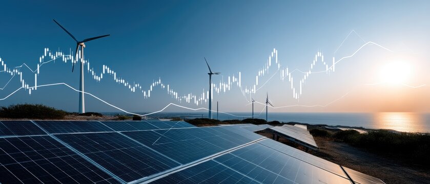 Solar panels and wind turbines under a blue sunset with financial chart overlaying energy trends and growth potential - Powered by Adobe