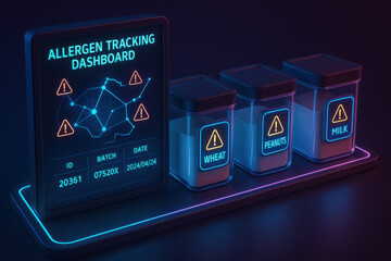 Smart allergen tracking dashboard shows traceability data visualization. Ingredient containers with digital tags and warning icons help manage food safety with futuristic neon highlights