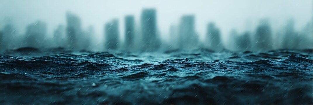 A moody seascape with dark waves and a blurred skyline in the background, suggesting a stormy atmosphere. - Powered by Adobe