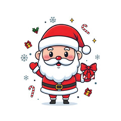 Cute kawaii santa claus character holding gift box with festive decorations