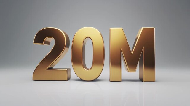 Gleaming golden 20m text signifying twenty million achievement success , Golden twenty million shines in a sleek metallic finish, Premium reflective numeral marks a major achievement milestone.