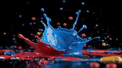 Dynamic splashes of vibrant red and blue paint capture movement and energy, embodying the essence of creativity and artistic expression in a visually stunning display.