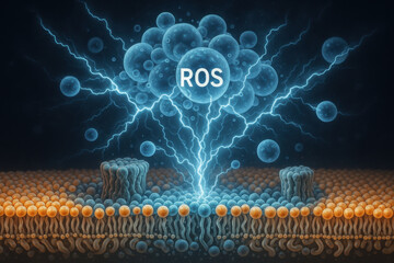 Dramatic microscopic medical cross section of cell membrane under attack. powerful electrochemical reaction from ROS, depicting intense oxidative stress and free radical damage