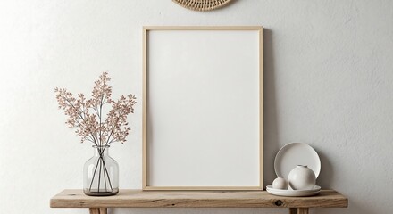 Elegant interior mockup with gold framed portrait dried flowers and rustic wooden table against a clean white wall background