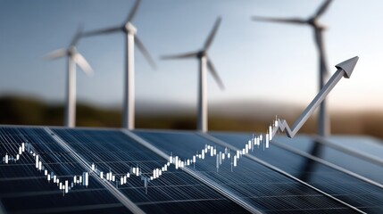 Concept of renewable energy advancements with solar panels and wind turbines overlaid on stock market trends during sunset
