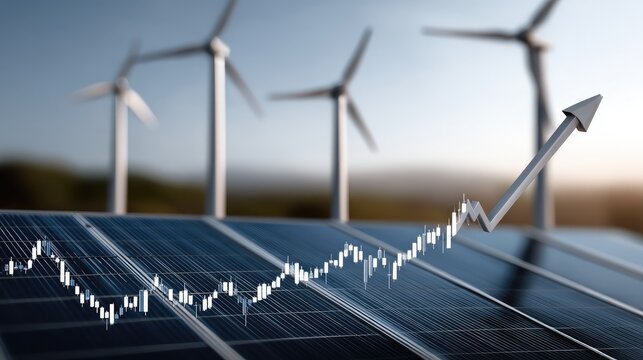 Concept of renewable energy advancements with solar panels and wind turbines overlaid on stock market trends during sunset