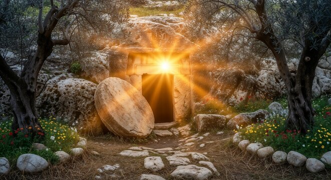 The empty tomb of Jesus at sunrise with the stone rolled away. Resurrection of Christ on Easter morning with bright light shining from within. Christian concept of hope and salvation