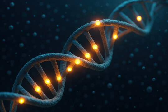 Glowing, twisting DNA helix with methylation points. genetic molecular structure for science and biotech. concept of biology and genetic regulation with futuristic feel
