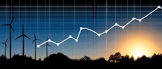 Stock graph rising over solar panels and wind turbines showcasing renewable energy potential during sunset