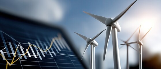 Stock graph representing energy trends with solar panels and wind turbines under a blue sky and sunset light showcasing renewable business opportunities