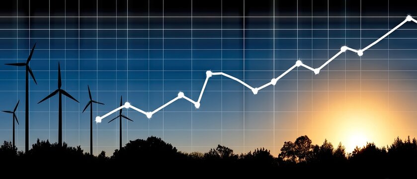 Stock graph rising over solar panels and wind turbines showcasing renewable energy potential during sunset