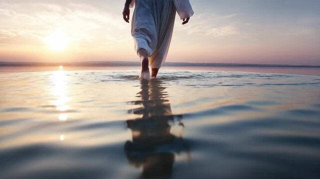 Jesus Christ walks on water during sunrise over a peaceful lake, creating ripples that reflect the golden light of dawn across the gentle waves