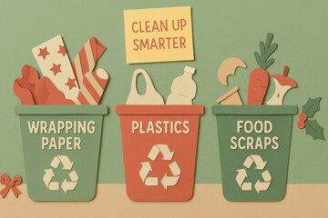 Paper cut post holiday recycling station for sorting wrapping paper, plastics, and food scraps. sticky note encourages smarter clean up and sustainable waste management