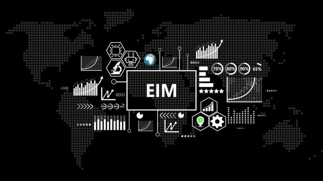EIM Technology, Internet and network concept, Abstract technology symbols on World Map Background.
