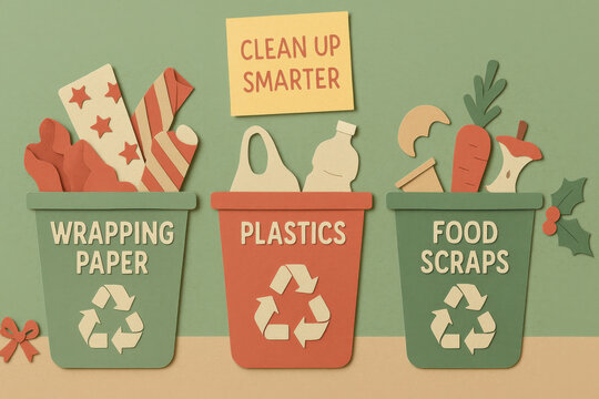 Paper cut post holiday recycling station for sorting wrapping paper, plastics, and food scraps. sticky note encourages smarter clean up and sustainable waste management