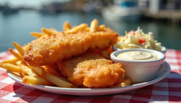 Crispy battered fish and chips served with tartar sauce and coleslaw on a checkered red and white tablecloth by a dock. Golden fried fish with french fries. Seafood meal on a plate outdoors. - Powered by Adobe