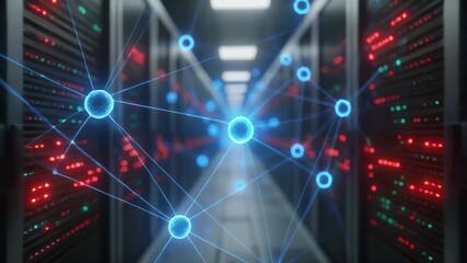 Futuristic neural network in server room , Futuristic data center glows with blue server lights smart technology, data passing, Neural network connections stream through advanced AI systems. - Powered by Adobe
