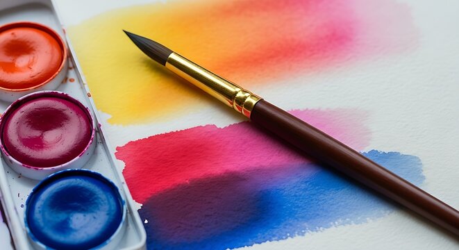 Watercolor painting tools with colorful paint and a paintbrush on white paper - Powered by Adobe