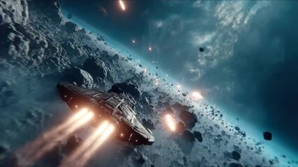 A spacecraft soars through an asteroid field near a planet with a blue atmosphere - Powered by Adobe
