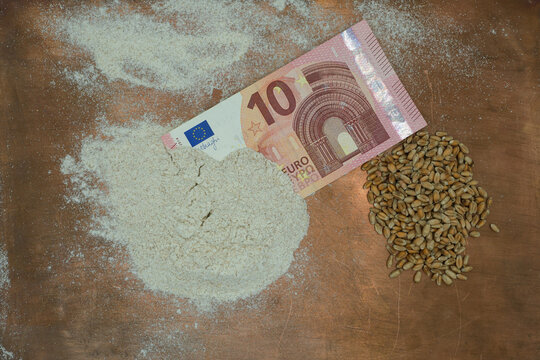 A pile of organic whole grain flour and wheat grains on a metallic copper surface. Ten euro banknote. Harvest, grain, and flour prices, markets. 