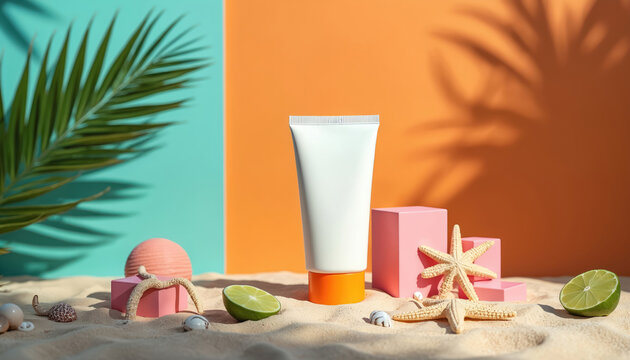 Sunscreen tube mockup on sandy beach with seashells starfish and lime. Pink cubes and palm leaf on colorful background. Summer skincare and sun protection product display.