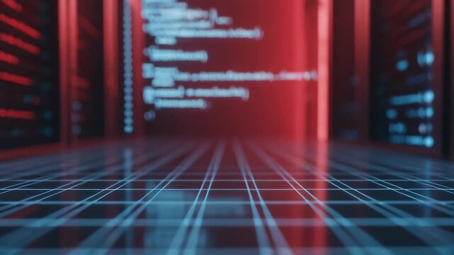 Futuristic data center server room with glowing blue grid floor and red server racks , Glowing blue circuit patterns form a holographic digital tunnel, Futuristic neon systems pulse energy. - Powered by Adobe