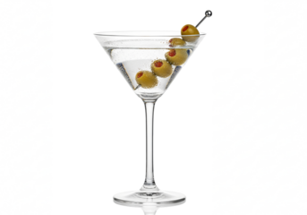 A classic clear martini cocktail with green olives on a skewer in a sophisticated glass isolated on transparent background