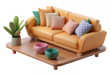 Miniature living room scene with orange sofa and decorative pillows