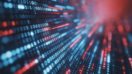 Abstract digital stream of binary code with glowing blue and red lights , Glowing data networks stream bright particles ,Binary code streams through a glowing matrix cyber world. - Powered by Adobe