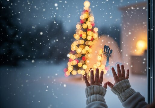 A child's hands on a window looking at a glowing Christmas tree outside during a snowfall. Cozy winter holiday scene at home. Christmas magic and childhood wonder concept