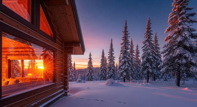 Cozy wooden cabin window reflecting sunset glow near snowcovered pine forest at twilight