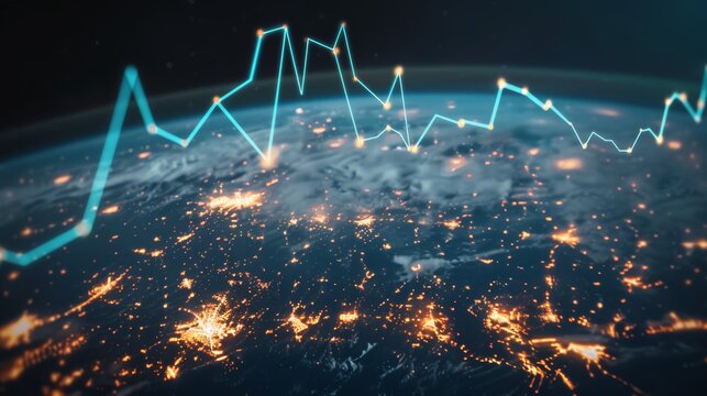 Visualizing global economic growth with upward arrows encircling a glowing earth for 2026 fairs