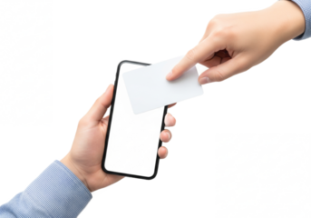 Close up of two hands applying a protective tempered glass screen protector to a smartphone isolated on transparent background