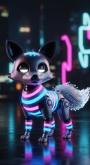 Obraz premium Mechanical canine companion exhibits bright neon striping in a dark urban setting