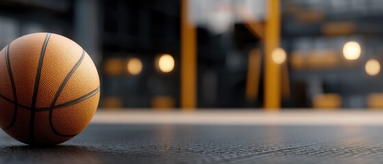 Indoor basketball court with a realistic view, blurred background, and a focus on a basketball resting on the floor during an active game scene