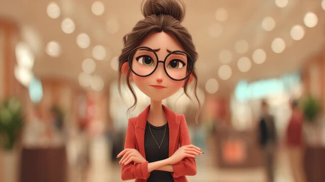 A stylized woman with glasses, bun and red jacket looks at the viewer with a slight frown