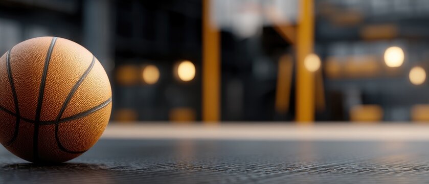 Indoor basketball court with a realistic view, blurred background, and a focus on a basketball resting on the floor during an active game scene - Powered by Adobe