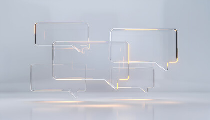 Minimalist 3D Glass Chat Bubbles Representing AI Customer Support Communication.