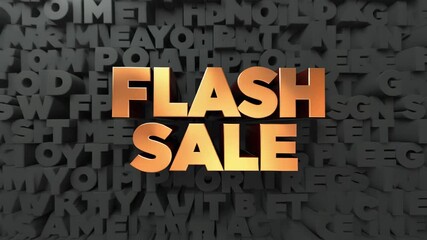 Golden flash sale announcement with 3d letters and abstract background promotion, Golden flash sale shines in a bold 3D render, Urgent limited-time offer glows on a dark metallic background.