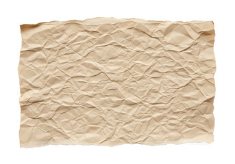 A single crumpled piece of aged textured paper with torn edges and a light brown hue isolated on transparent background