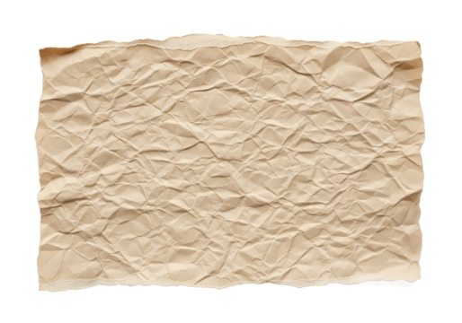 A single crumpled piece of aged textured paper with torn edges and a light brown hue isolated on transparent background