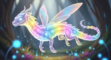 Iridescent winged mythical creature glows brightly within a darkened woodland setting