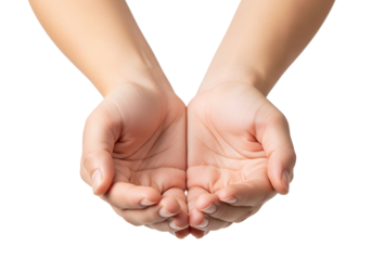Two open cupped hands reaching forward in a gesture of giving or receiving isolated on transparent background