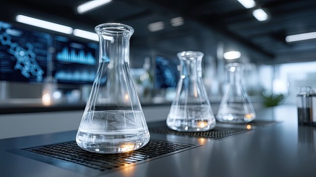 Laboratory scene featuring glass beakers with clear liquid and digital charts creating a modern and trustworthy environment