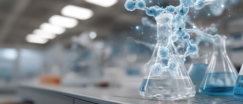 Double exposure of laboratory glassware combined with a digital science background showing data in light blue tones