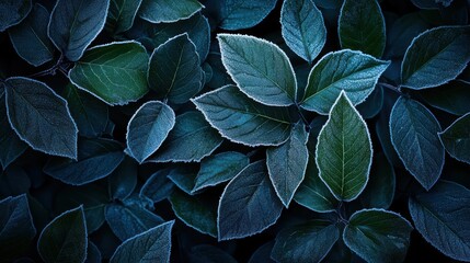 Intricate frost patterns on lush green leaves create a captivating winter scene, combining the beauty of nature with an aura of mystery and tranquility in soft lighting.